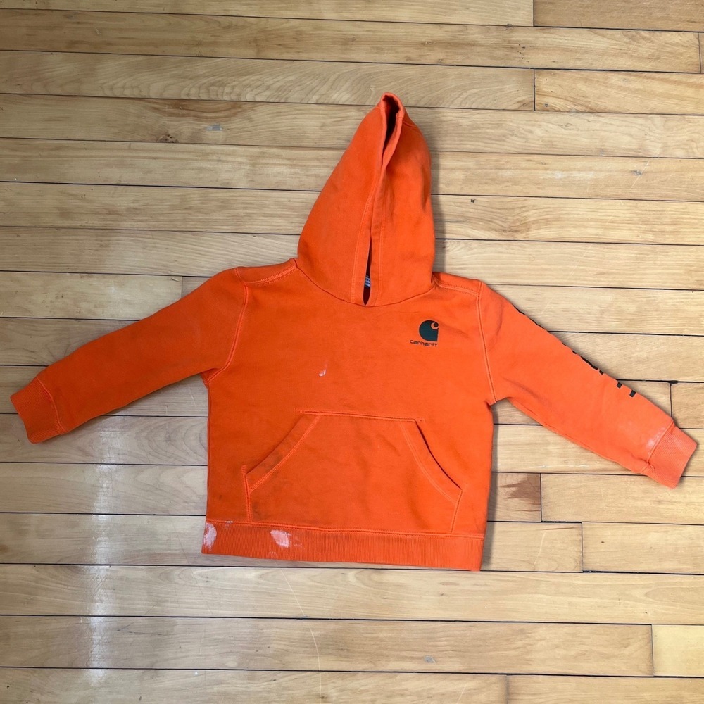 Carhartt Boys Size 5 Orange Pullover Hoodie Logo Sleeve Workwear Sweatshirt